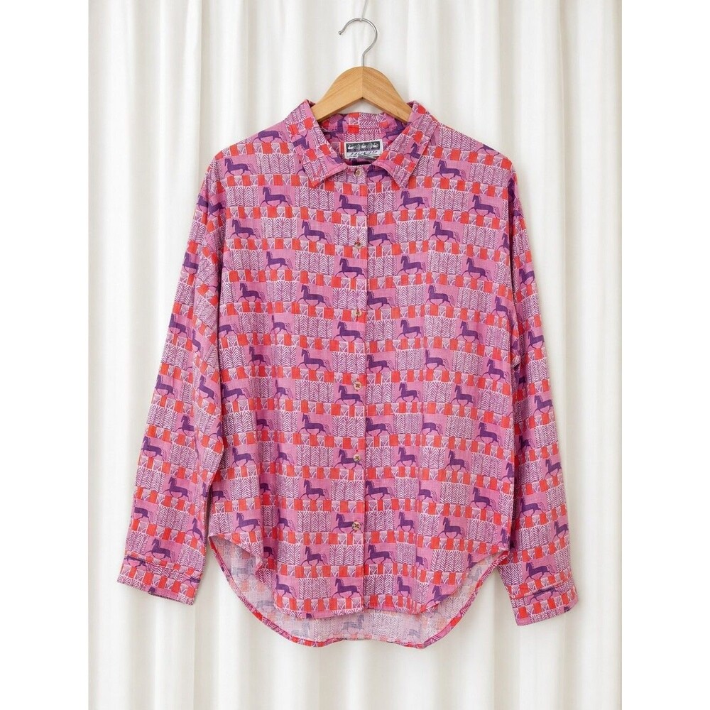 Vintage Segrets Pink Purple Geometric Patchwork Retro Horse Print Boho Blouse